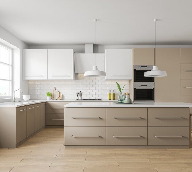Modern kitchen with luxury vinyl flooring and white countertops