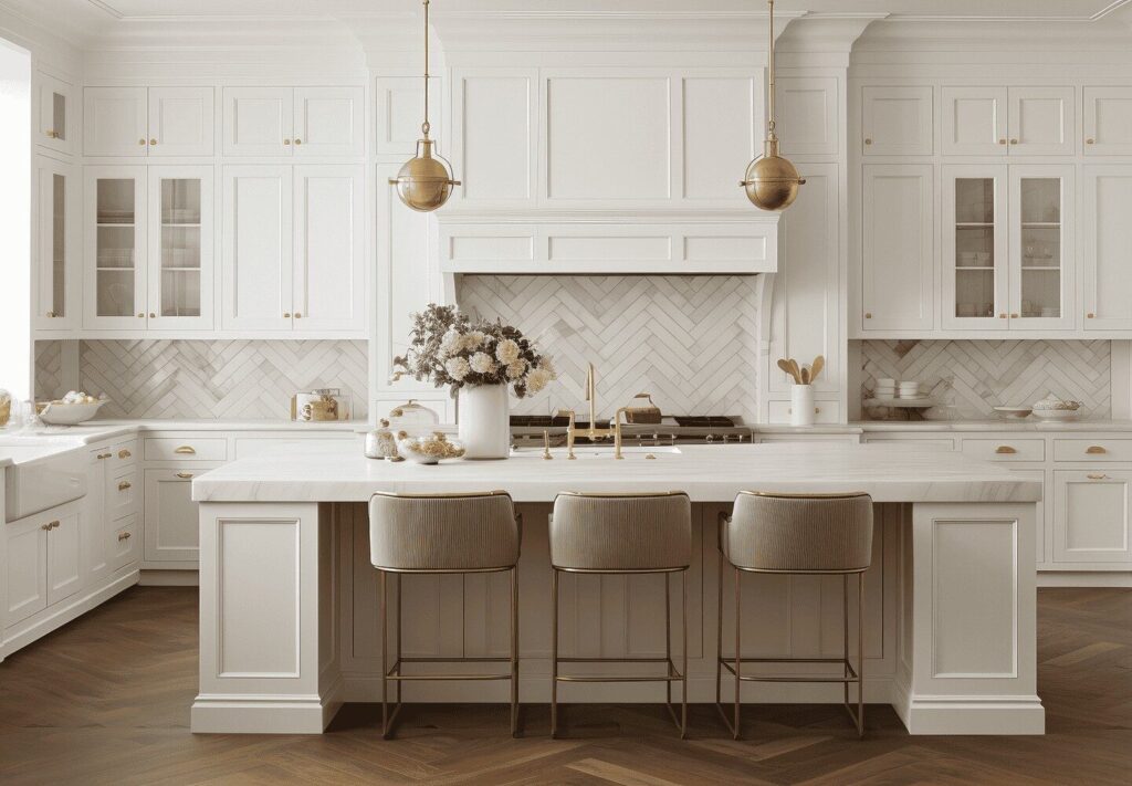 Beautiful herringbone patterned hardwood in traditional kitchen